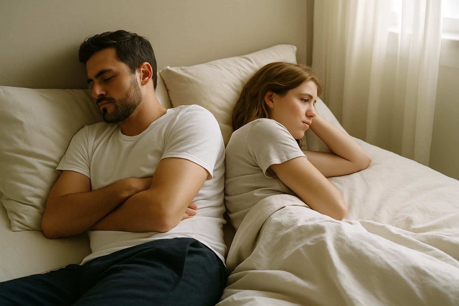 A couple in bed facing away from each other.